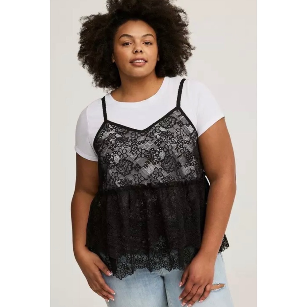 Torrid Black Floral Lace Peplum Cami & White T-Shirt 2-Piece Set 4X 26 43450641